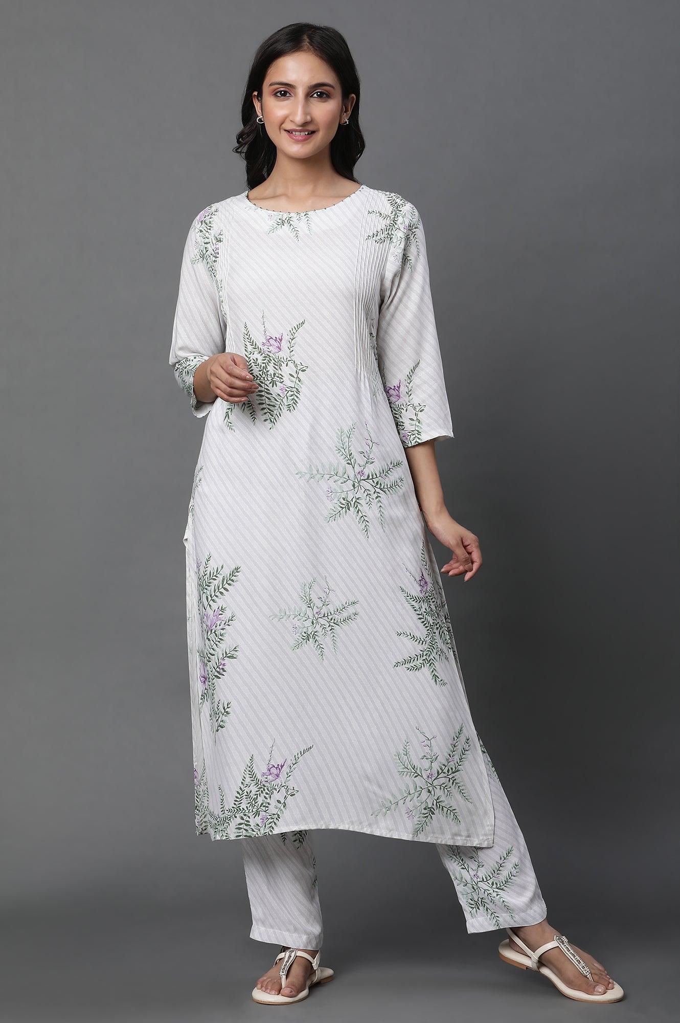 Ecru Straight Printed Kurta And Pants Set - wforwoman