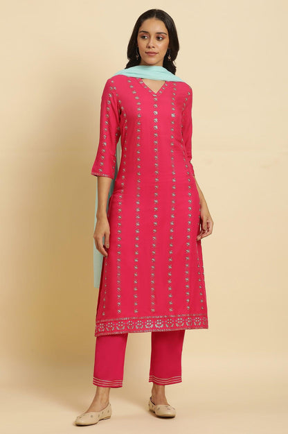 Pink Embellished Festive Kurta, Pants And Dupatta Set - wforwoman