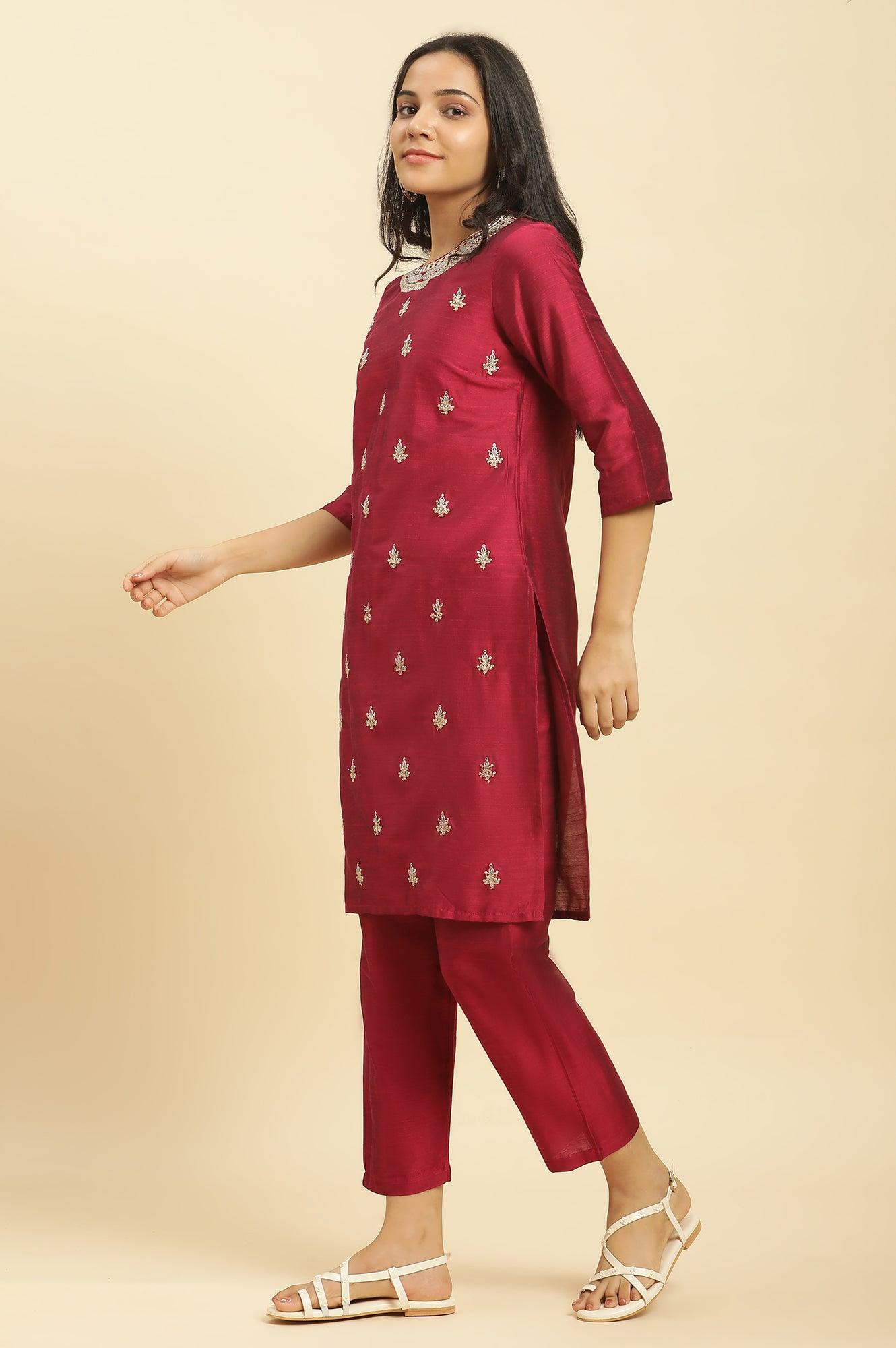 Red Dori Embroidered Festive Kurta, Pants And Dupatta Set - wforwoman