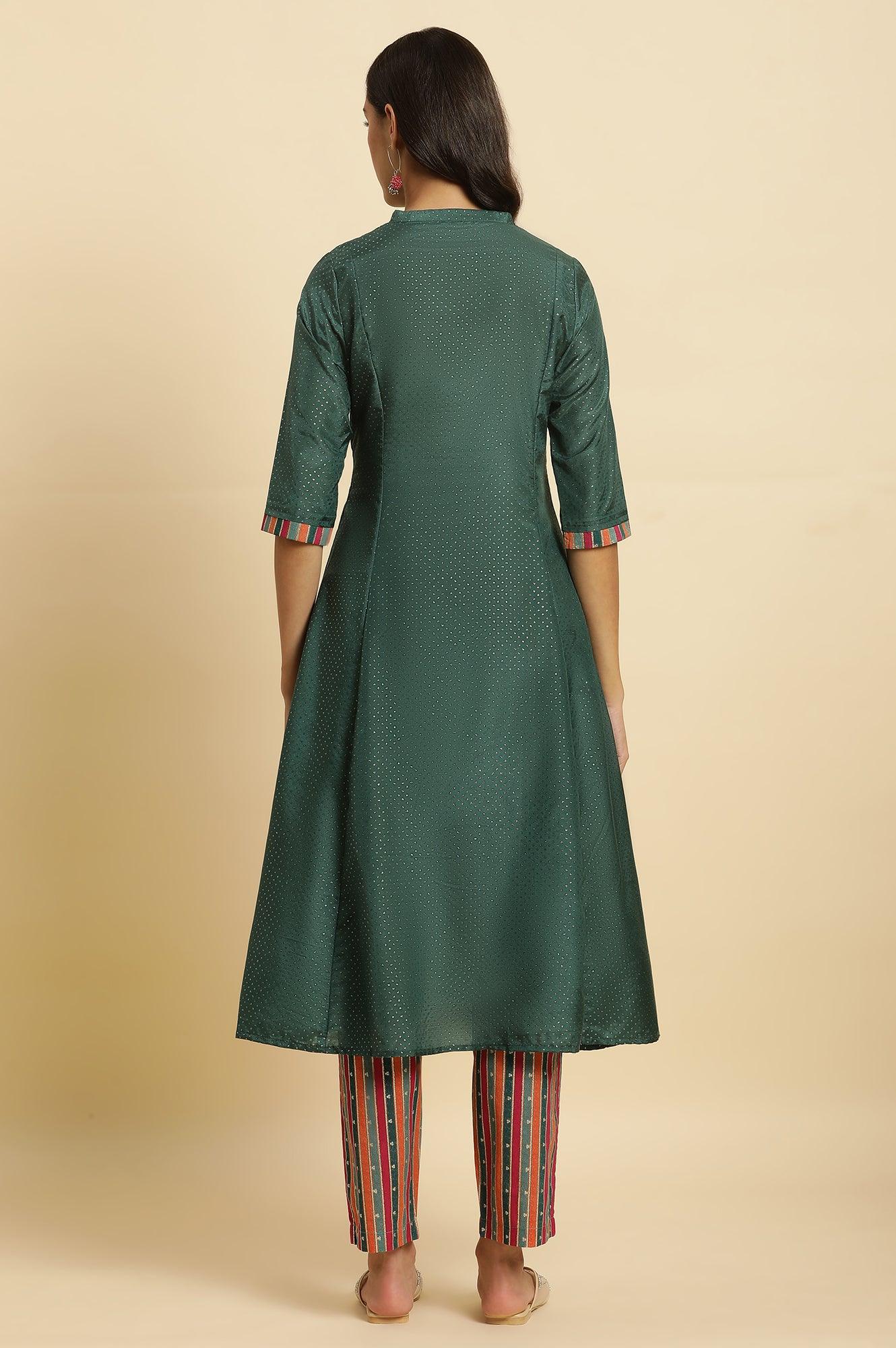 Green Embellished Button Down Kurta And Pants Set - wforwoman