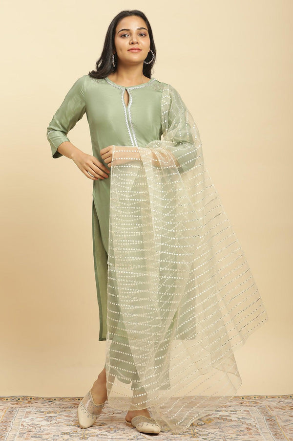 Green Embellished Shantung Kurta, Pants And Dupatta Set