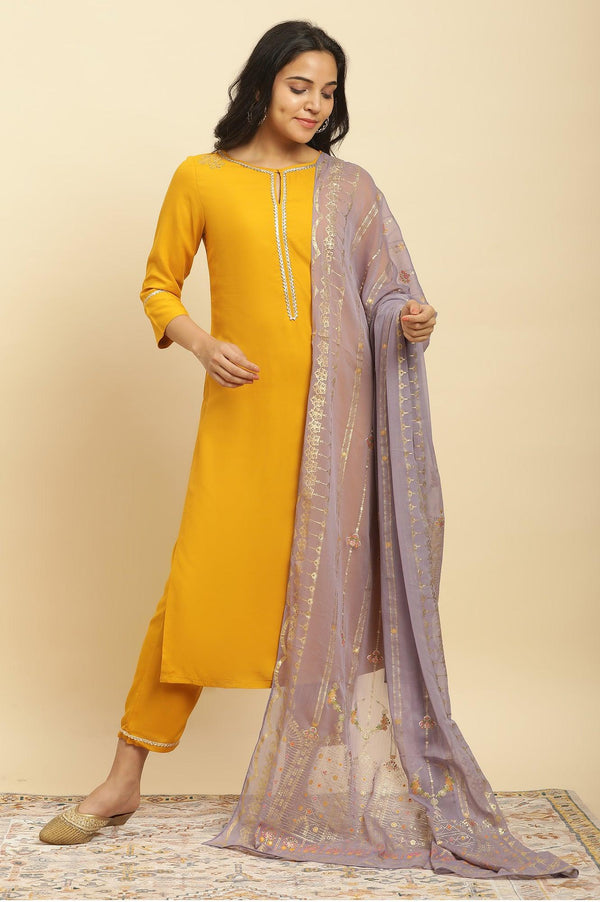 Yellow Embellished Shantung Kurta, Pants And Dupatta Set