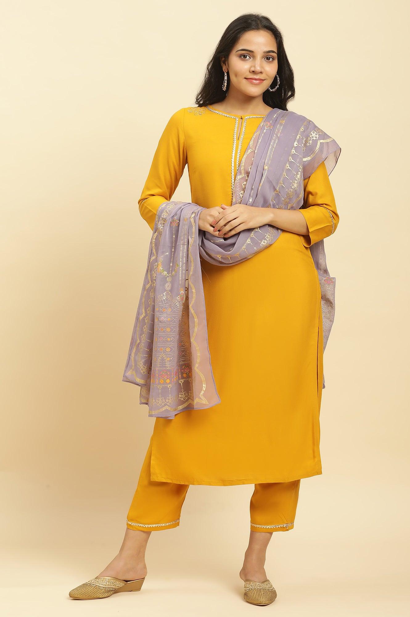 Yellow Embellished Shantung Kurta, Pants And Dupatta Set - wforwoman