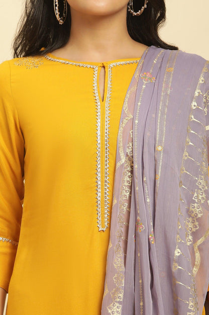 Yellow Embellished Shantung Kurta, Pants And Dupatta Set - wforwoman