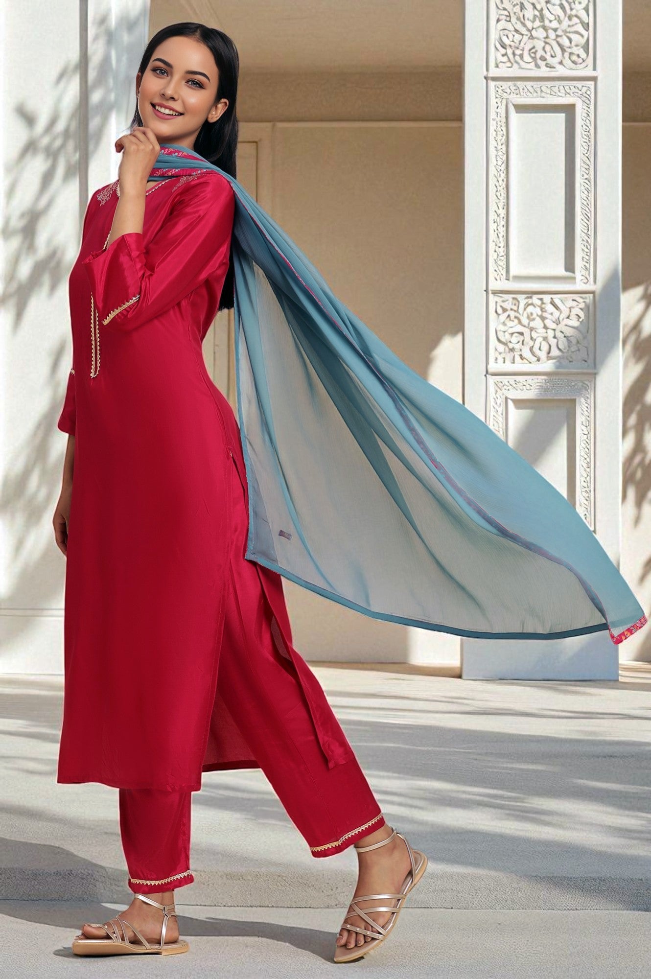 Pink Shantung Kurta, Pants And Dupatta Set