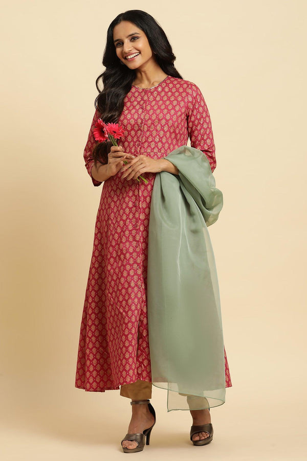 Maroon Flared Festive Kurta, Pants And Organza Dupatta Set