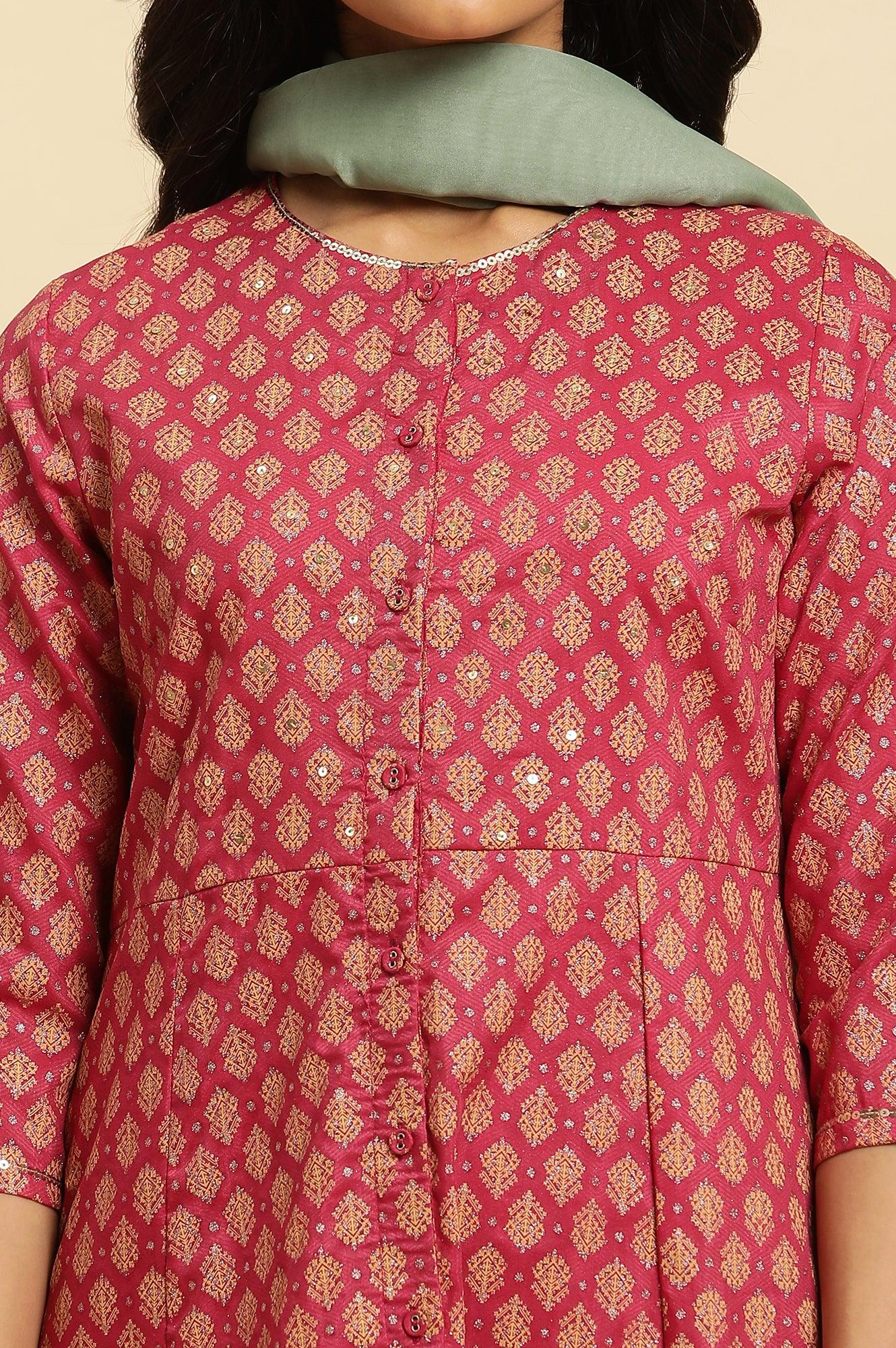 Maroon Flared Festive Kurta, Pants And Organza Dupatta Set - wforwoman