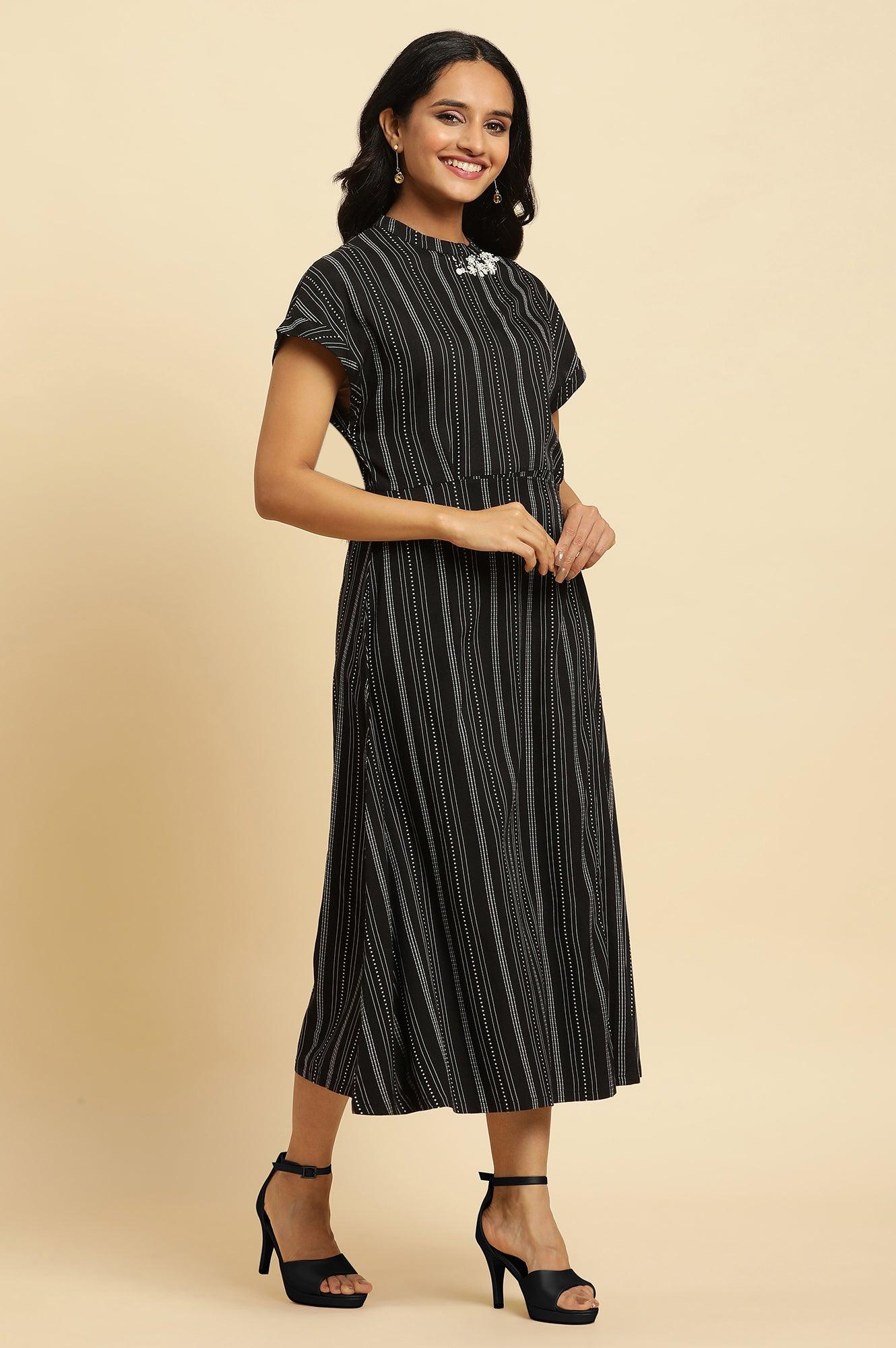 Black Embroidered Neck Stripe Western Dress - wforwoman