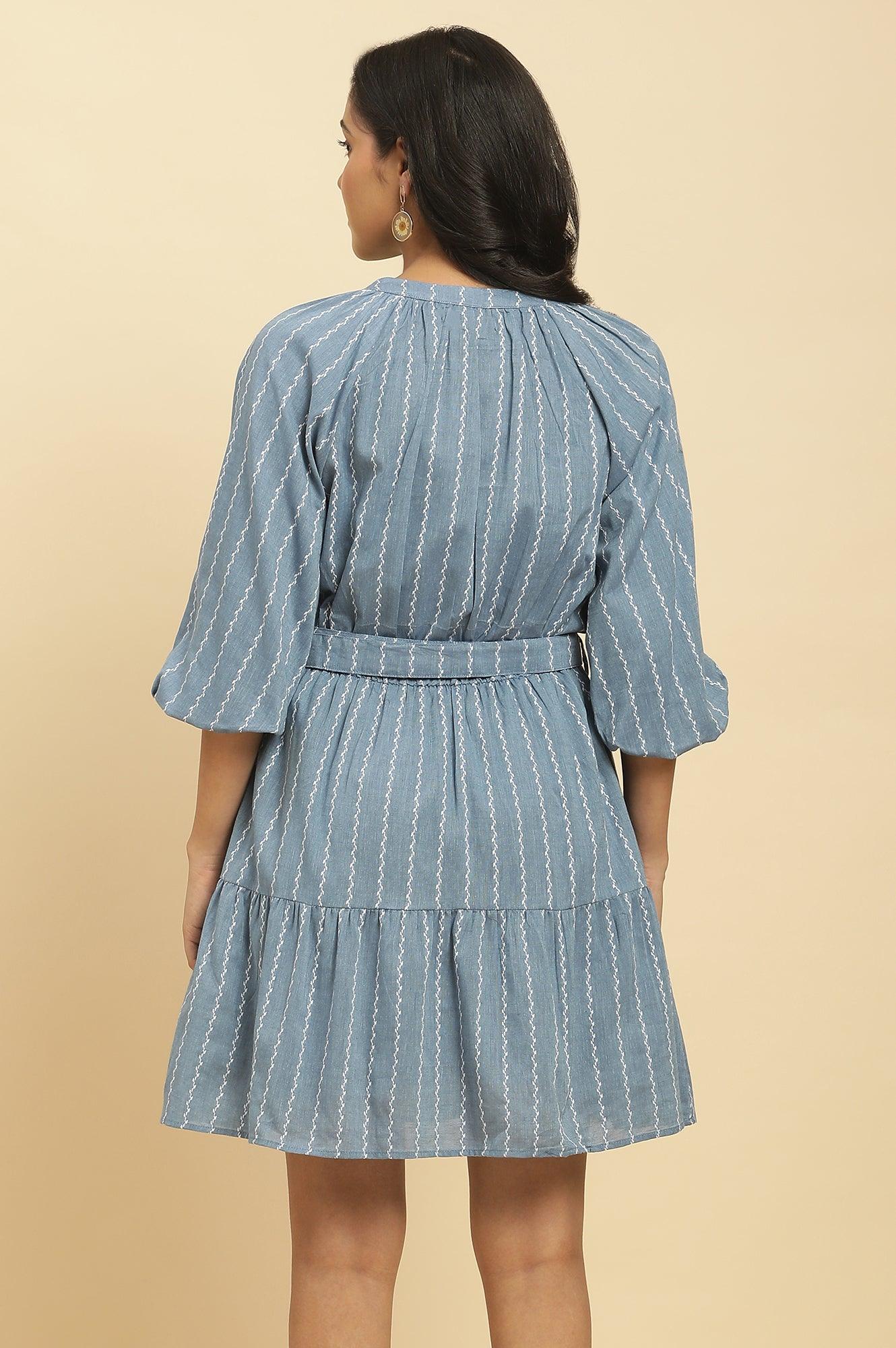 Blue Yarn Dyed Tiered Western Dress With Belt - wforwoman