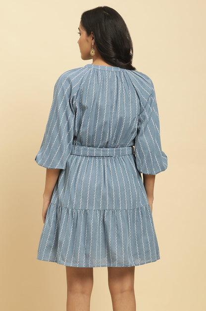 Blue Yarn Dyed Tiered Western Dress With Belt - wforwoman