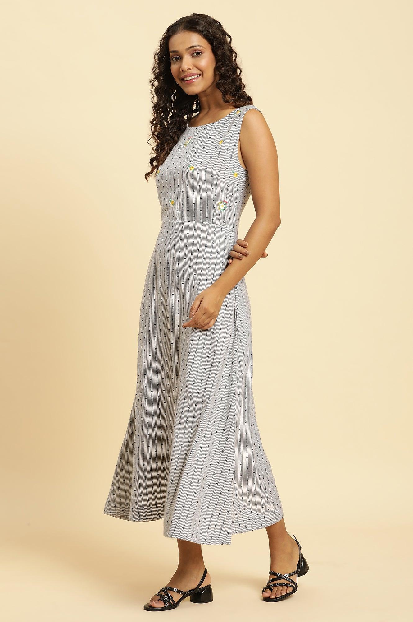 Blue Sleeveless Embroidered Western Dress - wforwoman