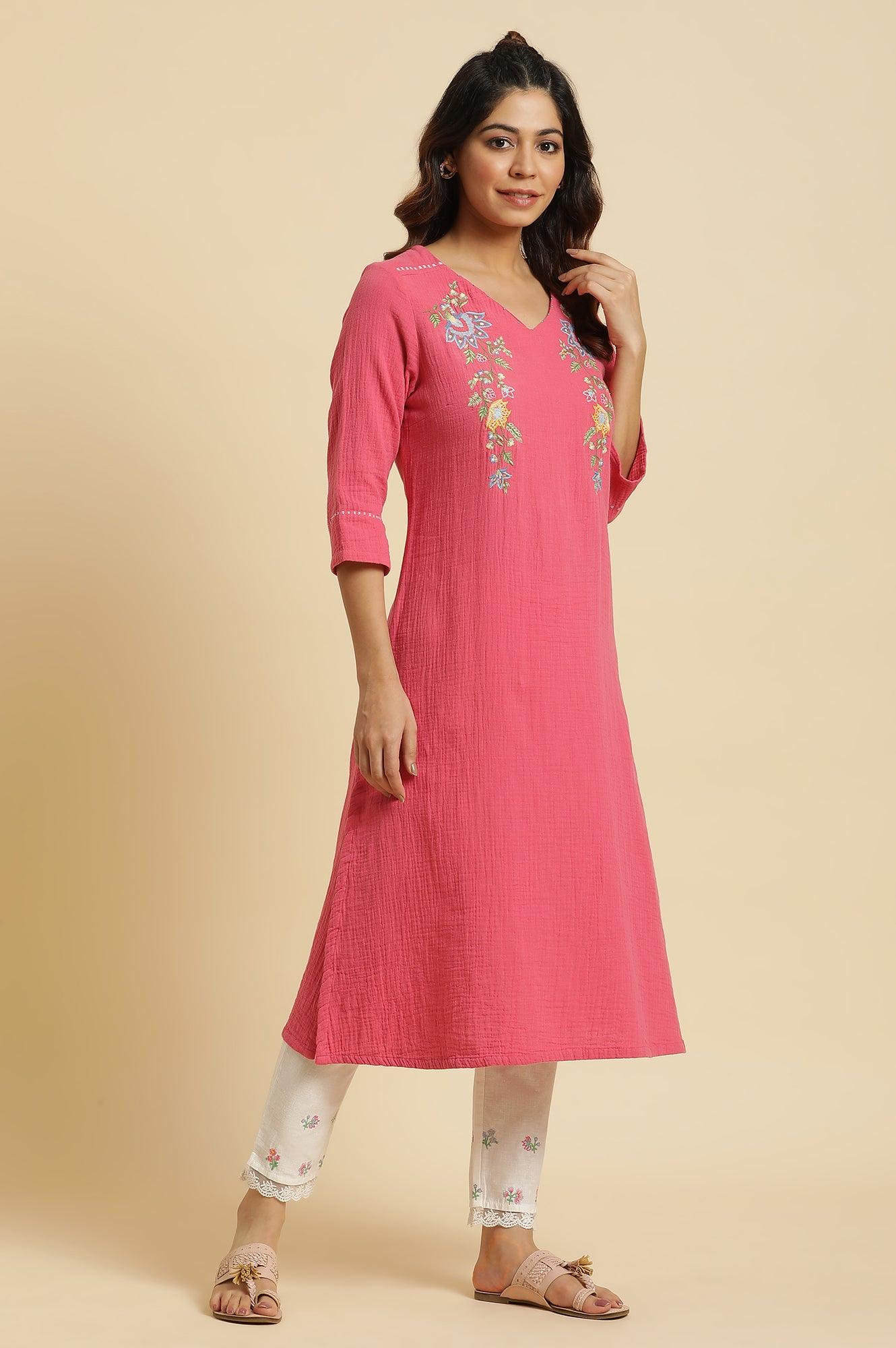 Pink Cotton Embroidered Kurta - wforwoman