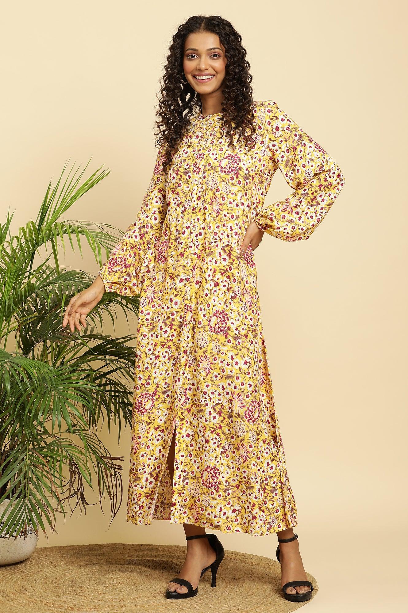 Yellow Floral Printed Flared Western Dress - wforwoman