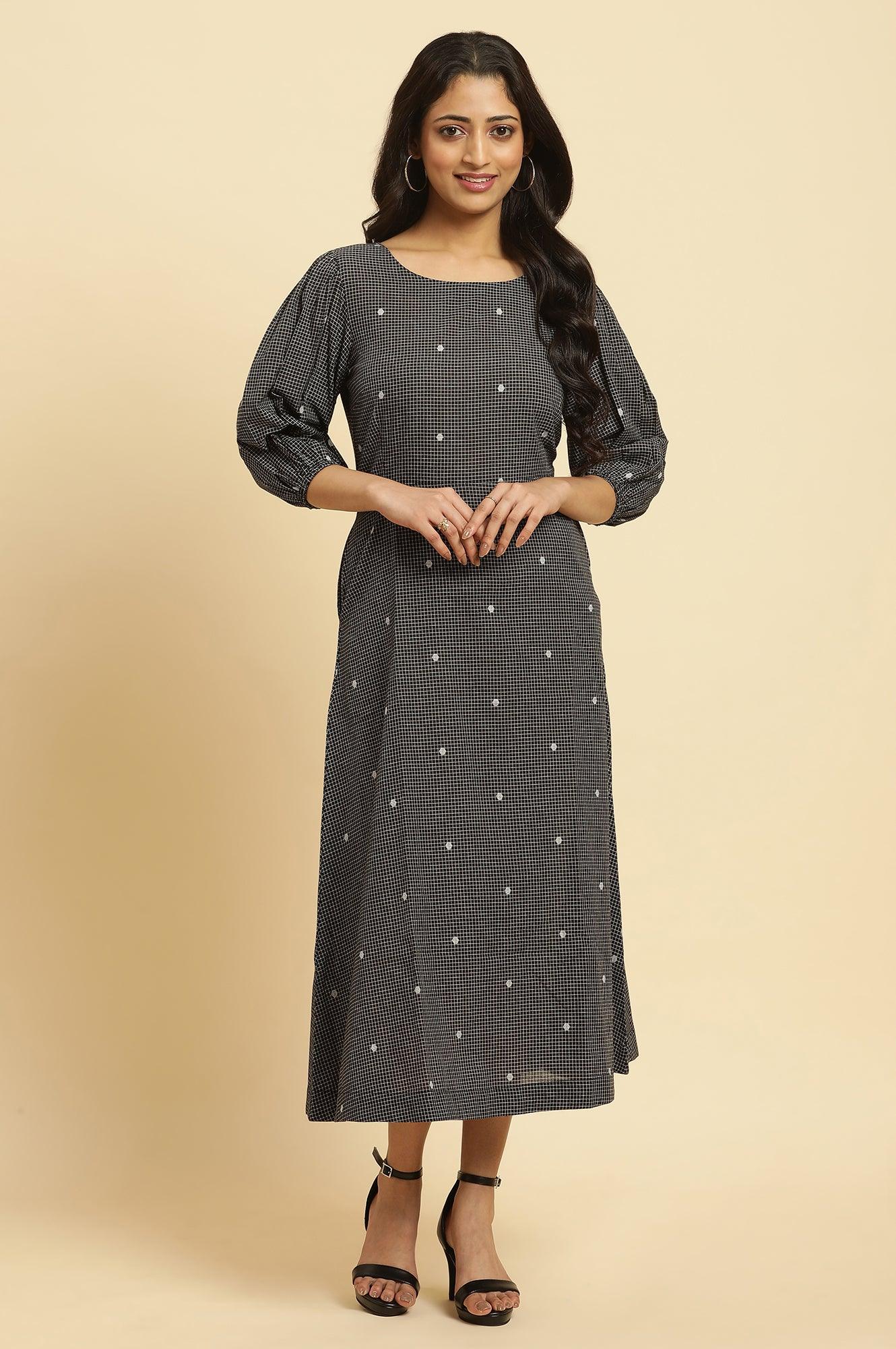 Black Polka Dot Printed Western Dress With Puff Sleeves - wforwoman