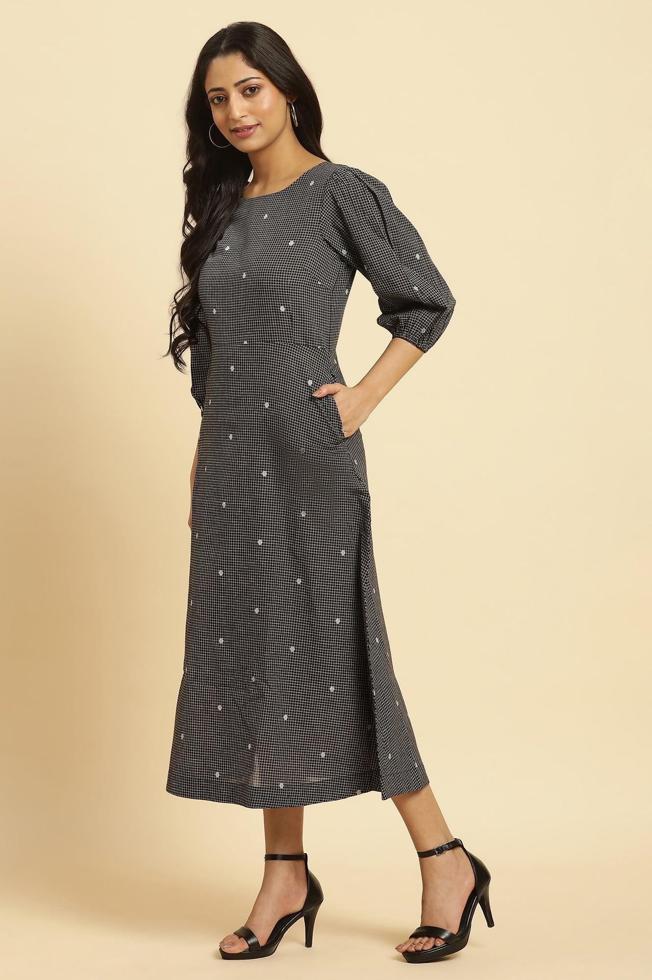 Black Polka Dot Printed Western Dress With Puff Sleeves - wforwoman
