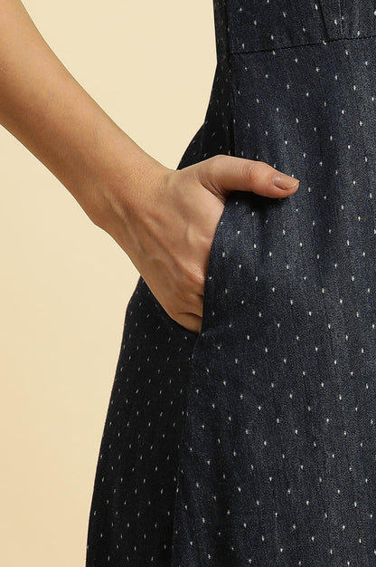 Blue Cotton Sleeveless Embroidered Western Dress - wforwoman