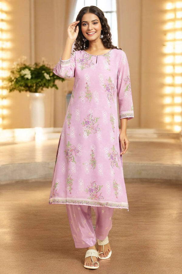 Purple Floral Printed Metallic Sequined Organza Festive Straight Kurta