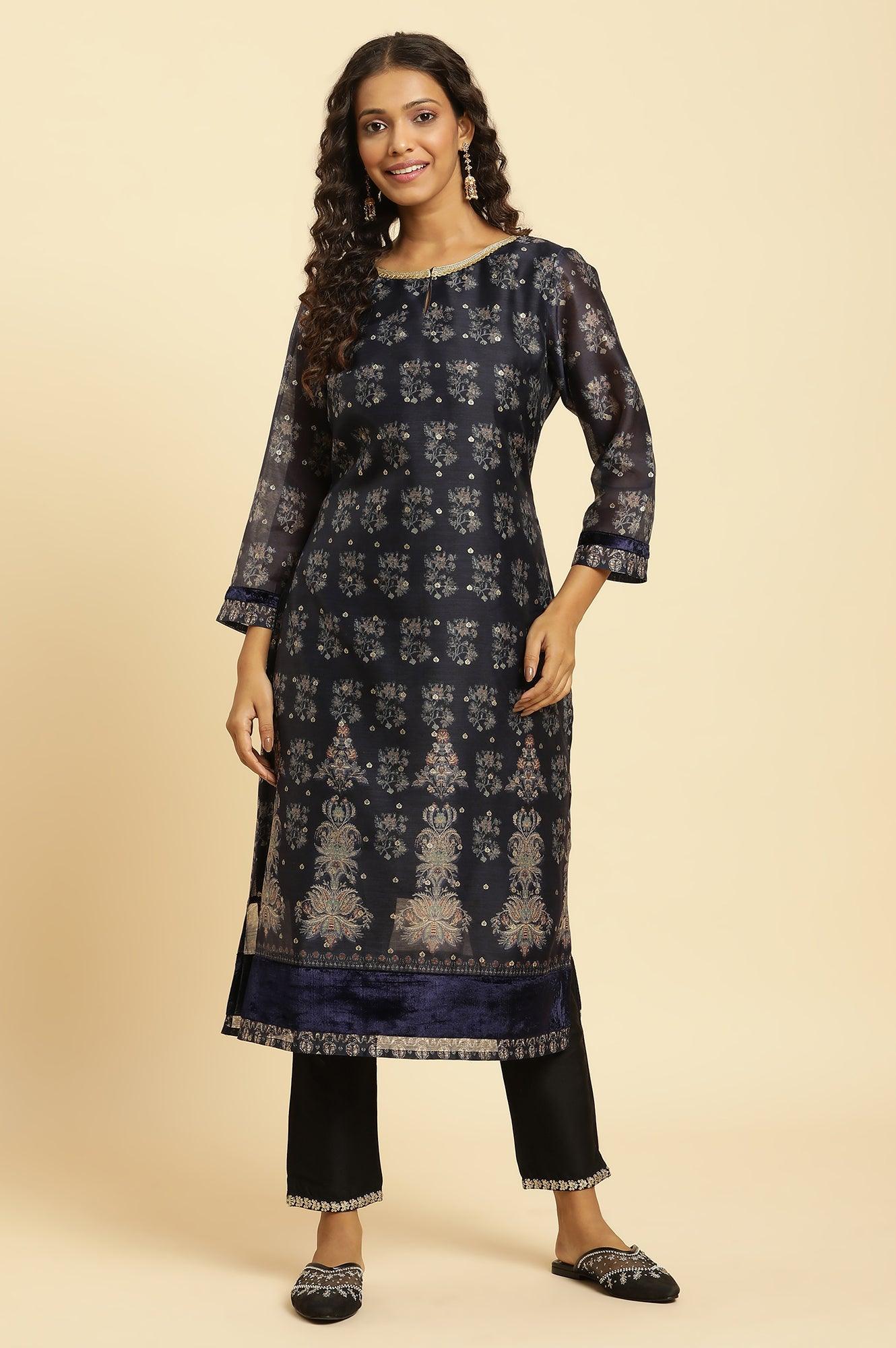 Blue Floral Printed Kurta With Metallic Embroidery - wforwoman