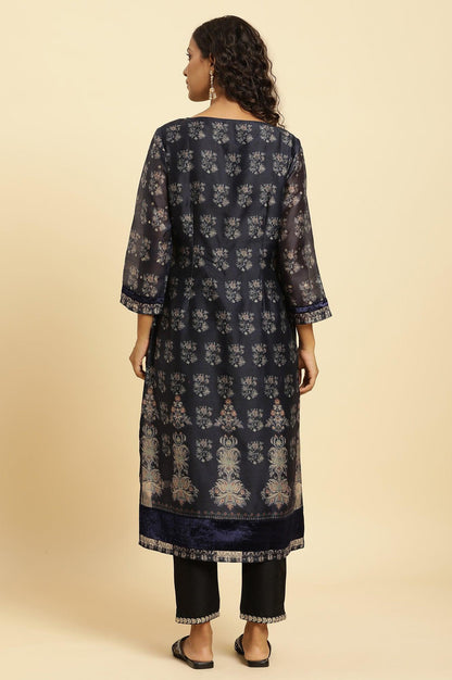 Blue Floral Printed Kurta With Metallic Embroidery - wforwoman