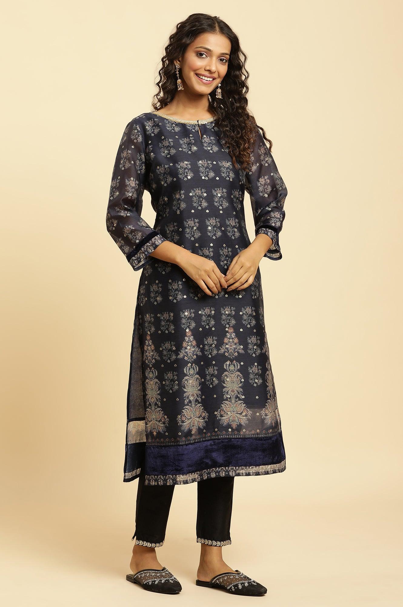 Blue Floral Printed Kurta With Metallic Embroidery - wforwoman