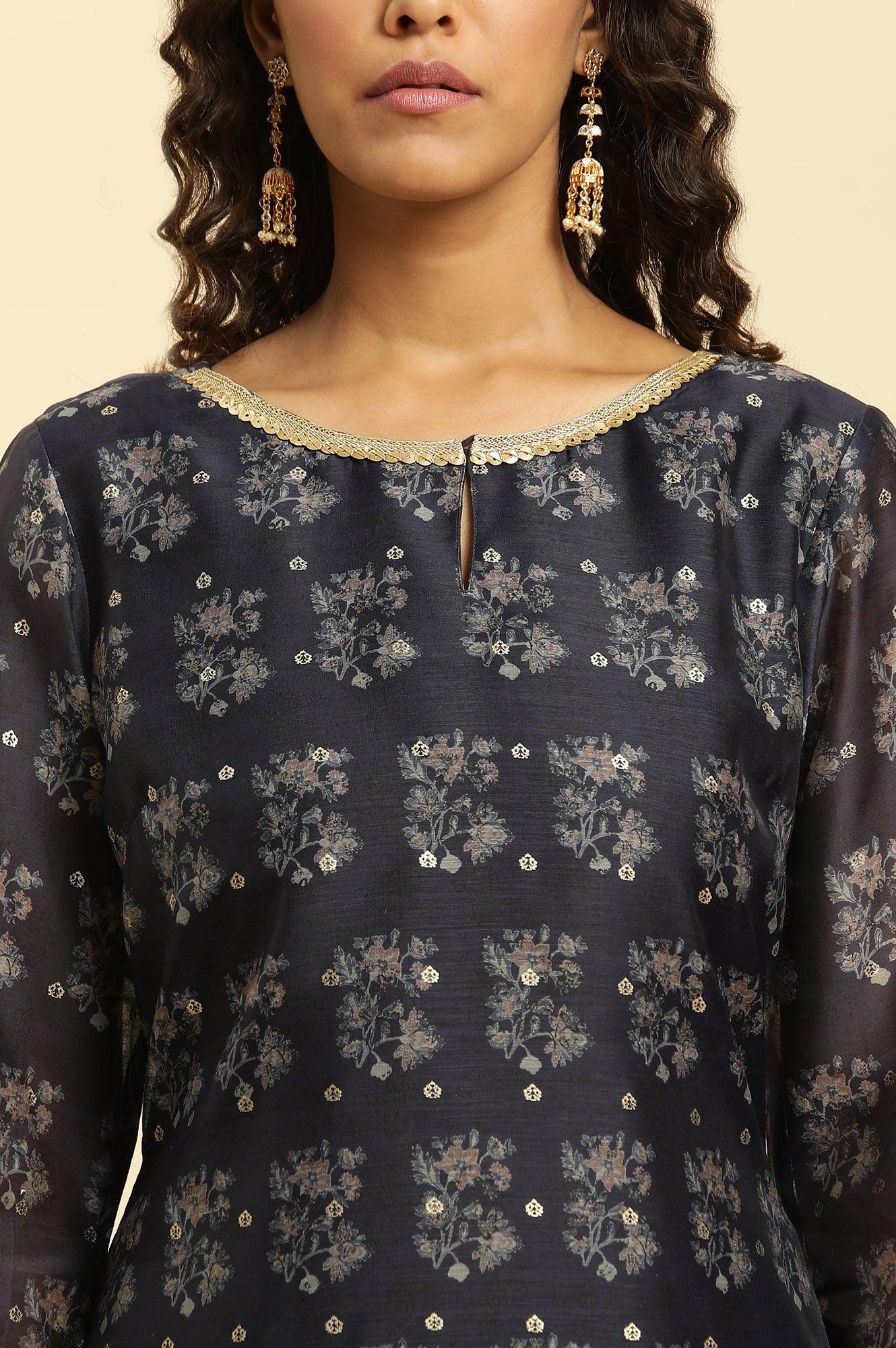 Blue Floral Printed Kurta With Metallic Embroidery - wforwoman