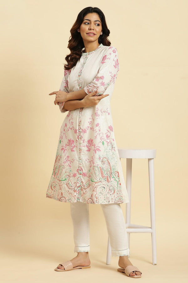 Ecru Mandarin Collar Kurta With Multi-Coloured Print