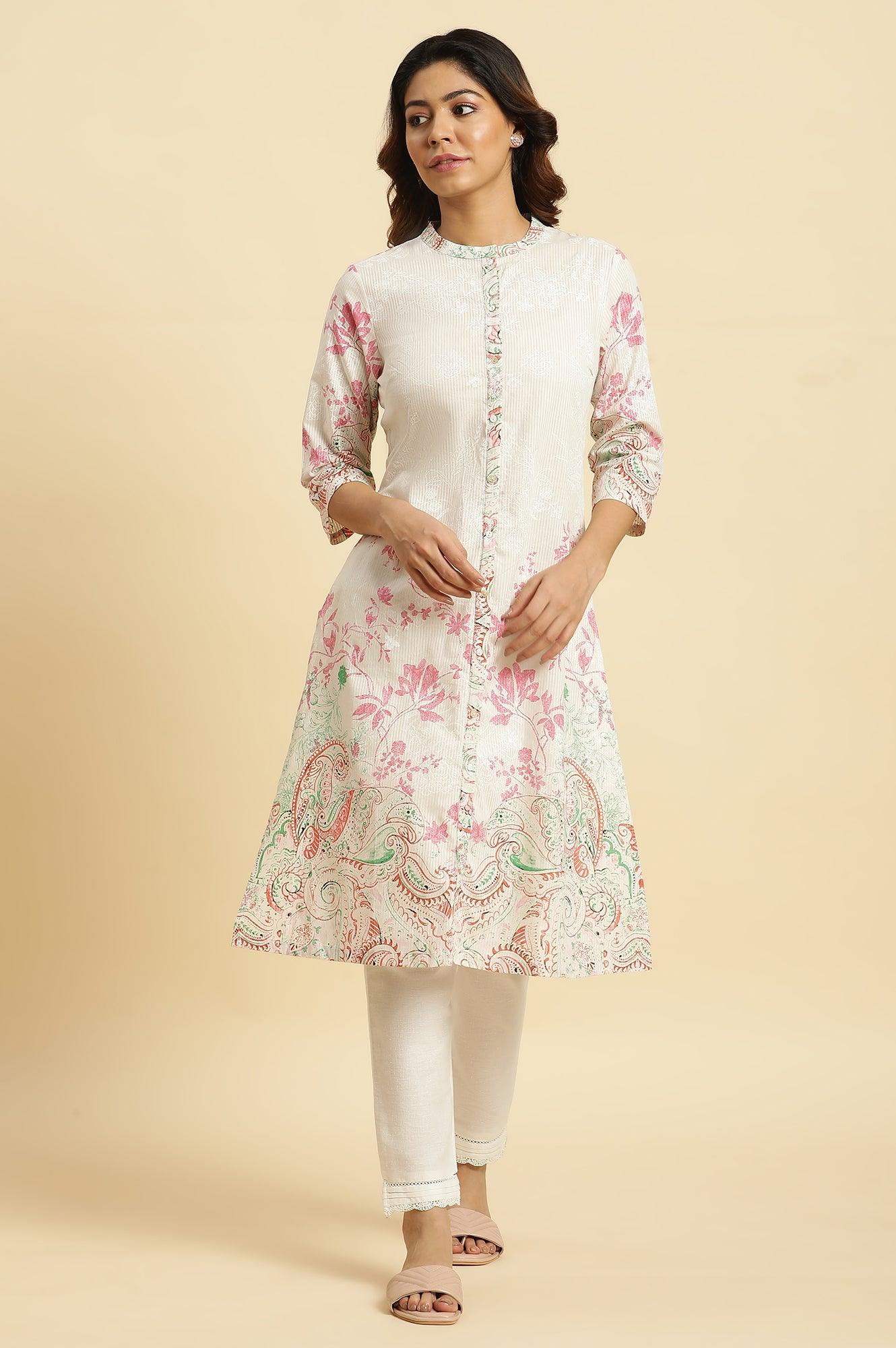 Ecru Mandarin Collar Kurta With Multi-Coloured Print - wforwoman