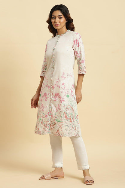 Ecru Mandarin Collar Kurta With Multi-Coloured Print - wforwoman