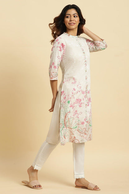 Ecru Mandarin Collar Kurta With Multi-Coloured Print - wforwoman