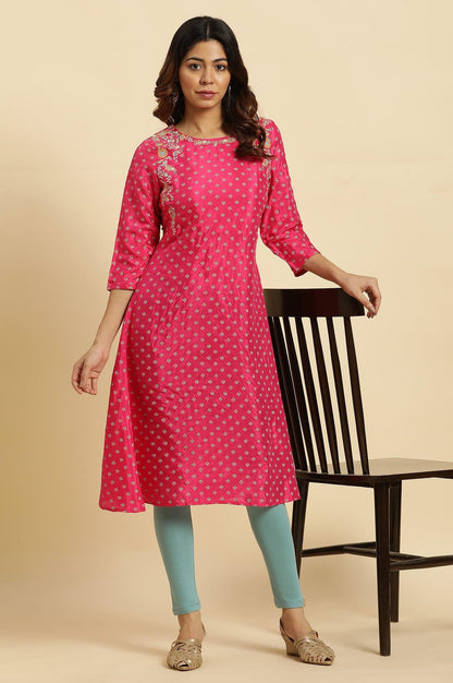 Dark Pink Embroidered A-Line Festive Kurta - wforwoman