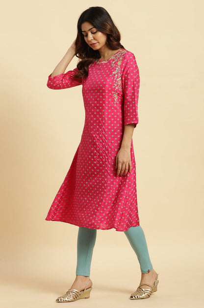 Dark Pink Embroidered A-Line Festive Kurta - wforwoman