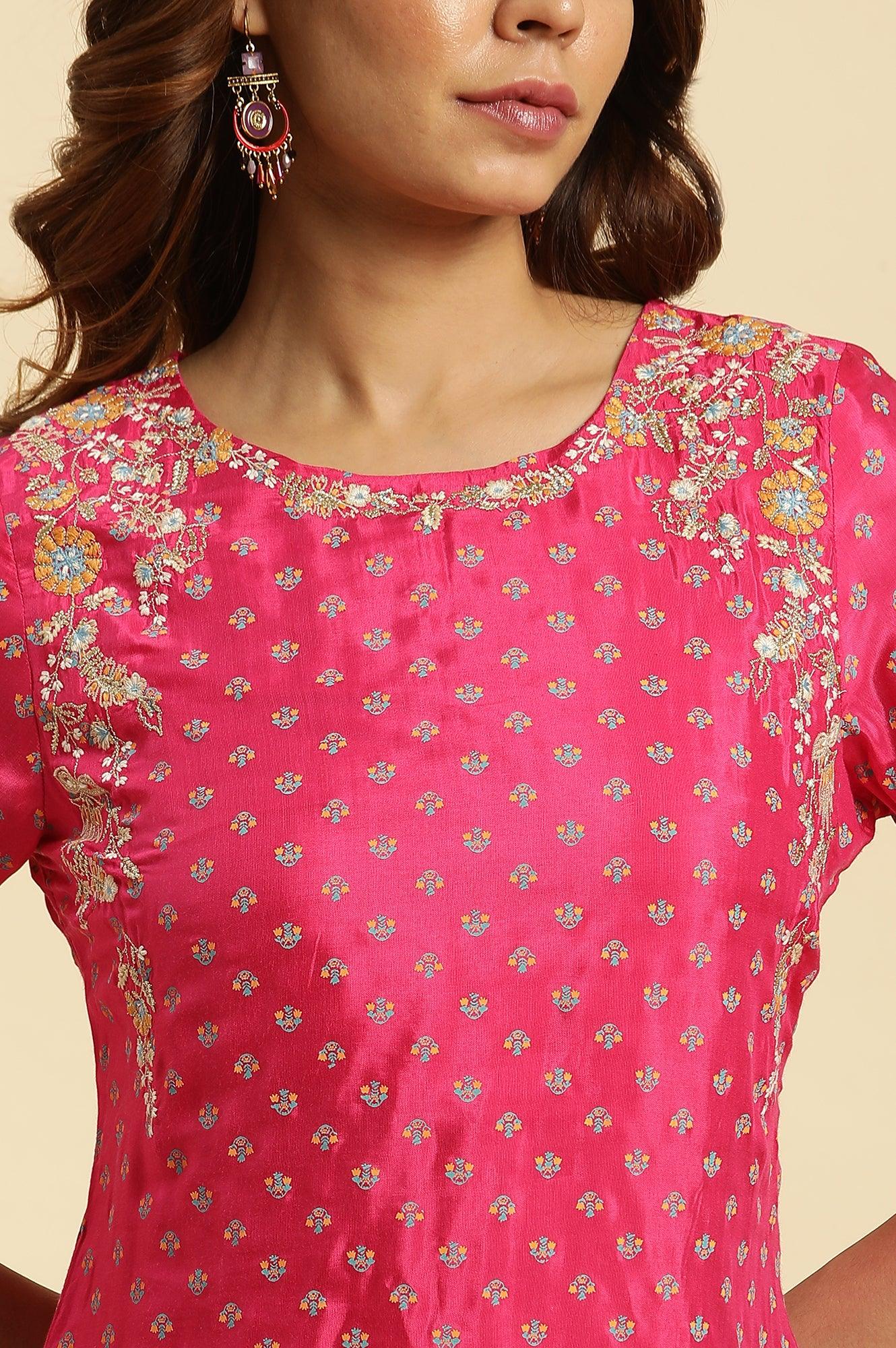 Dark Pink Embroidered A-Line Festive Kurta - wforwoman
