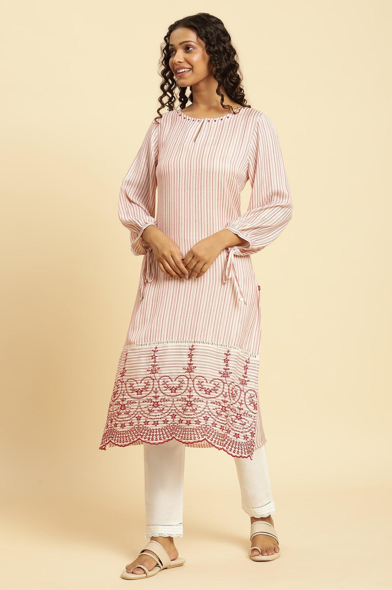 Red And White Stripes Kurta With Schiffli Embroidery - wforwoman