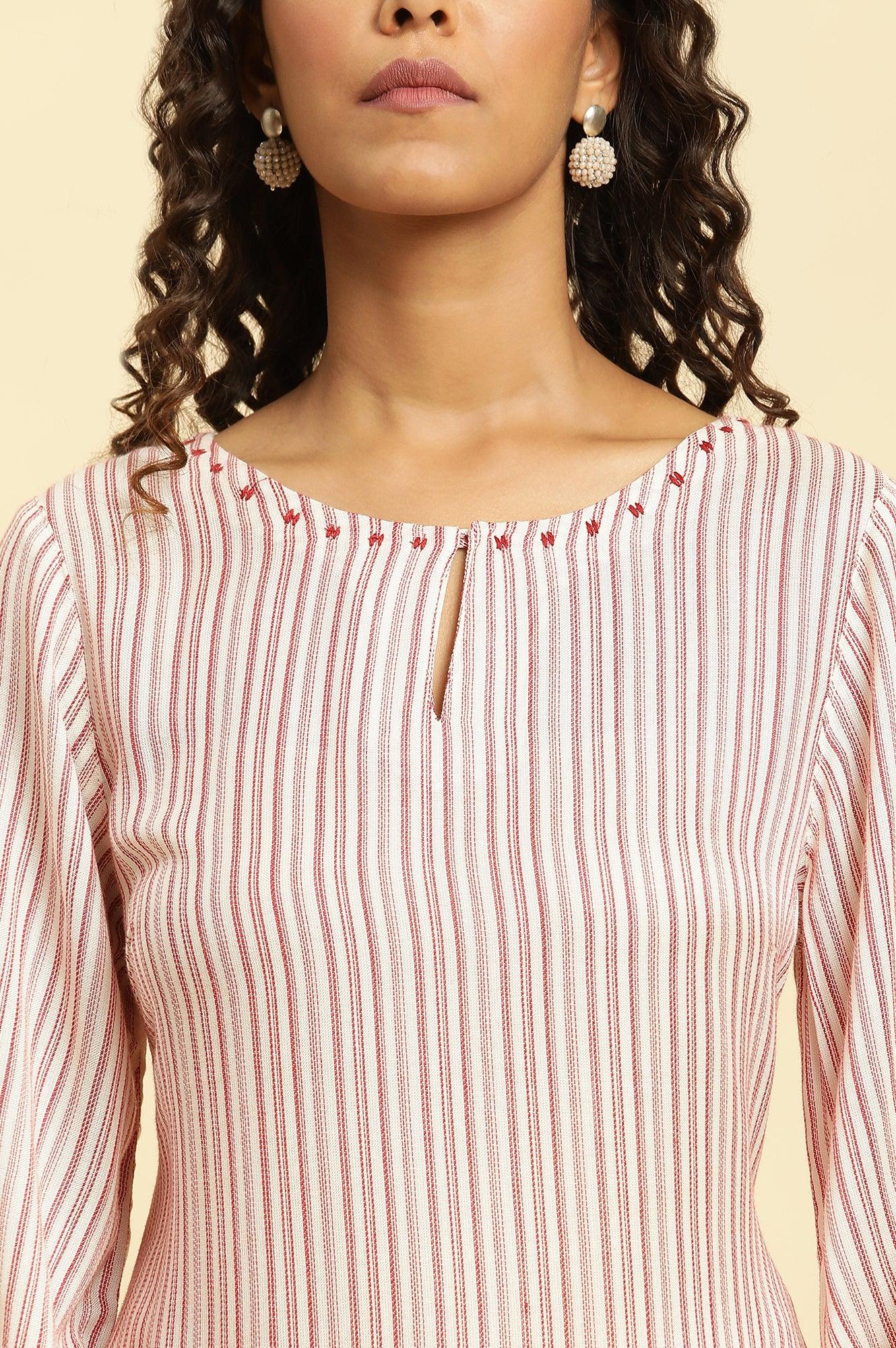 Red And White Stripes Kurta With Schiffli Embroidery - wforwoman
