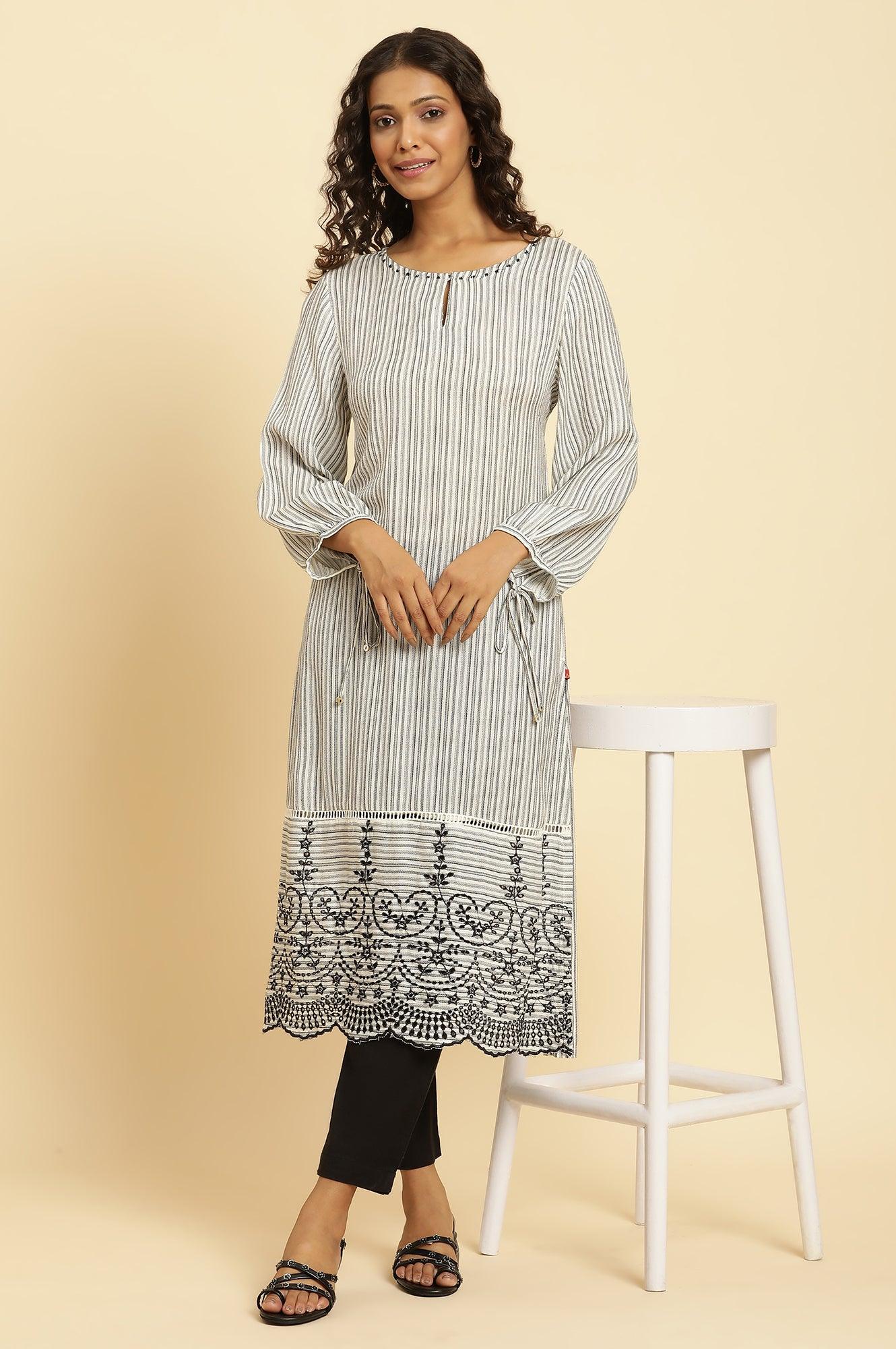 White And Black Stripes Kurta With Schiffli Embroidery - wforwoman