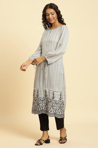 White And Black Stripes Kurta With Schiffli Embroidery - wforwoman