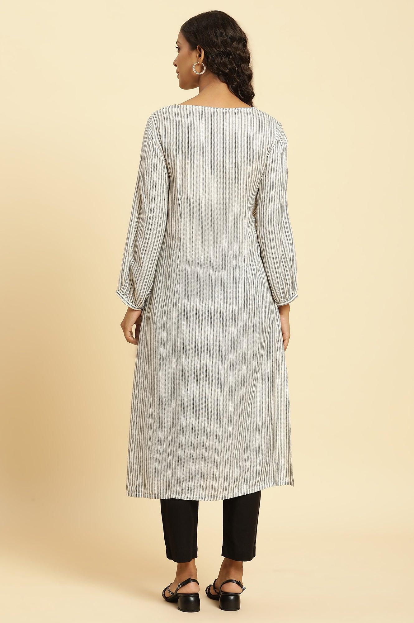 White And Black Stripes Kurta With Schiffli Embroidery - wforwoman