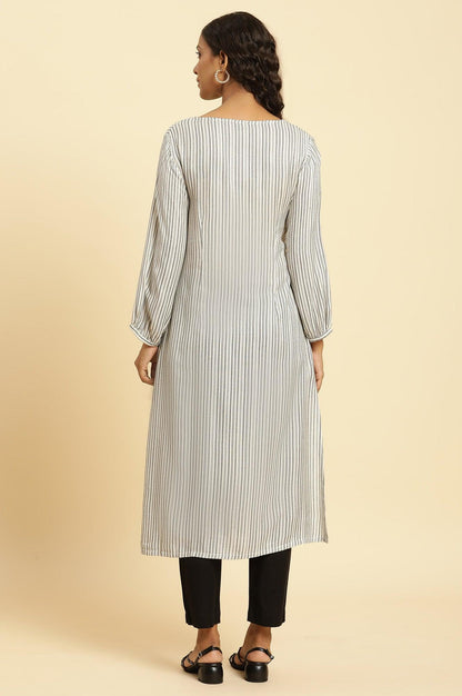 White And Black Stripes Kurta With Schiffli Embroidery - wforwoman