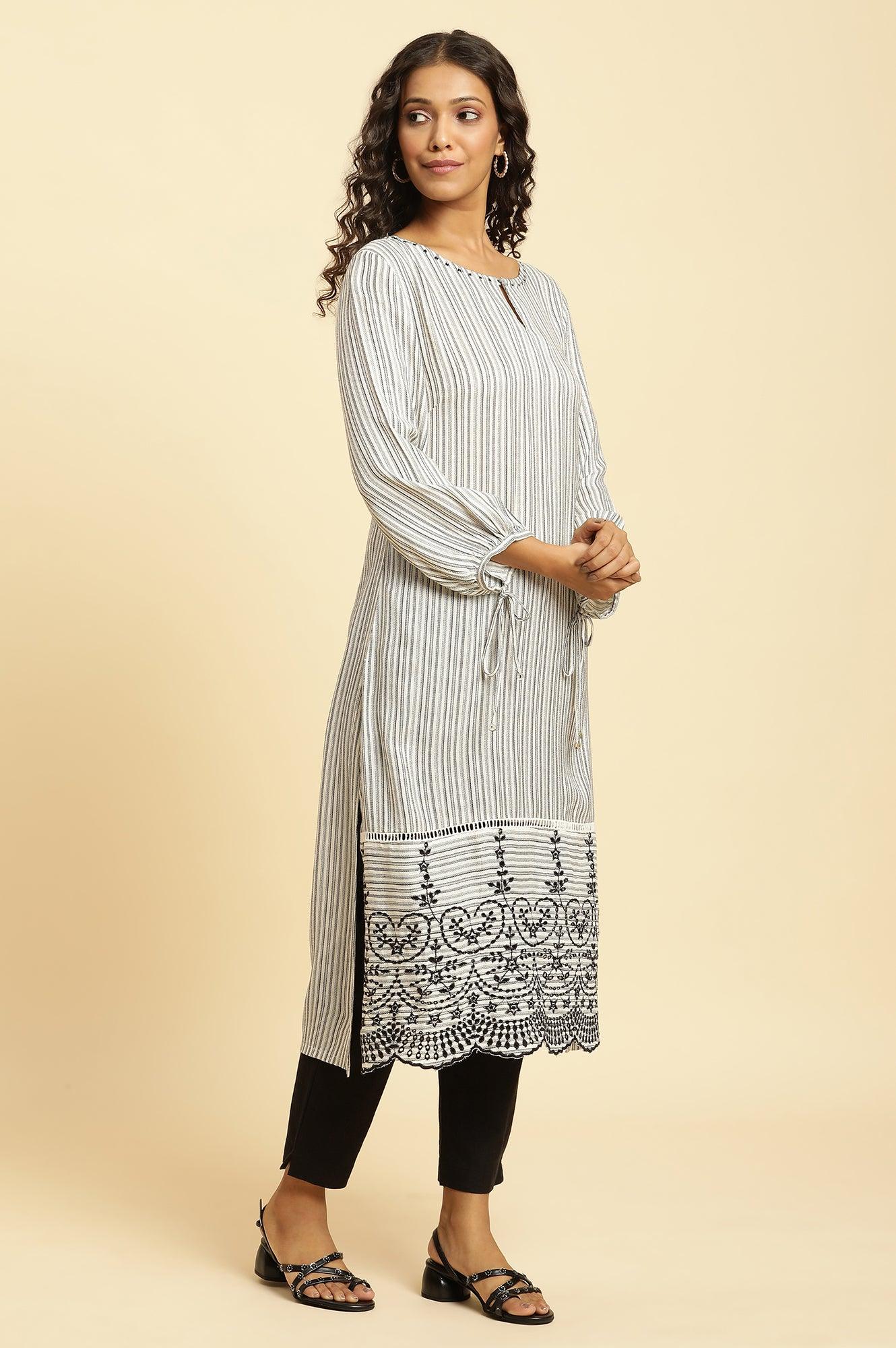 White And Black Stripes Kurta With Schiffli Embroidery - wforwoman