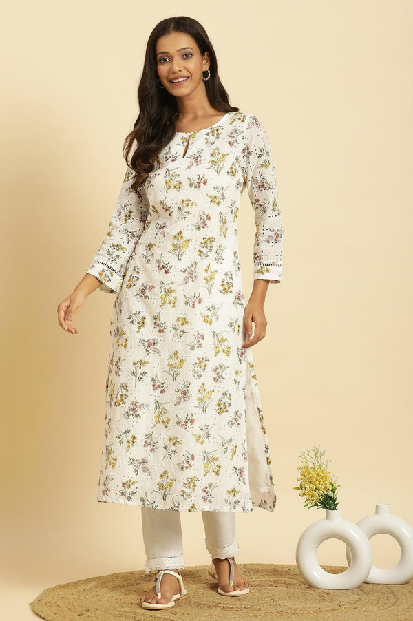 Ecru Flora Printed Straight Kurta