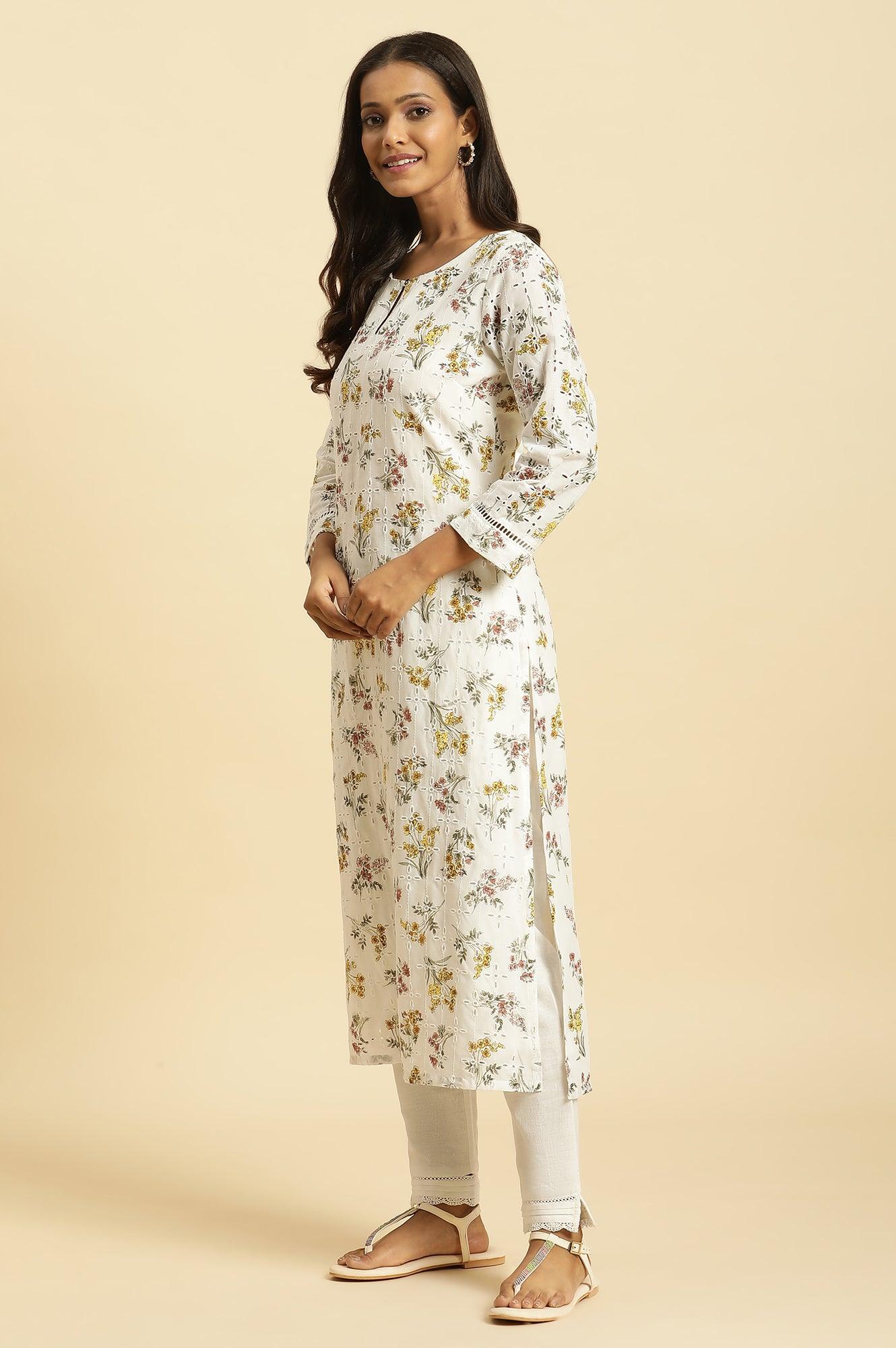 Ecru Flora Printed Straight Kurta - wforwoman