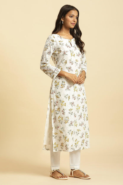 Ecru Flora Printed Straight Kurta - wforwoman