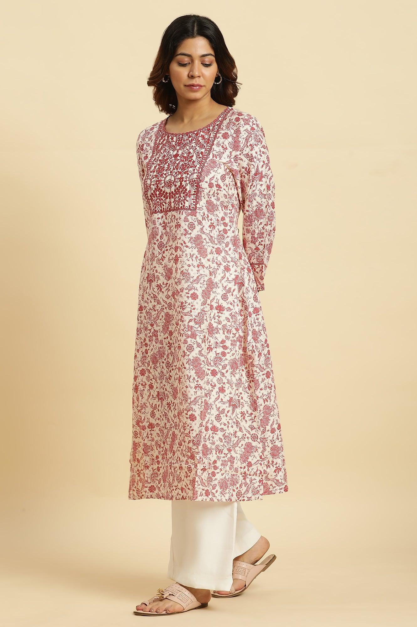 Beige And Red Floral Printed Summer Kurta - wforwoman