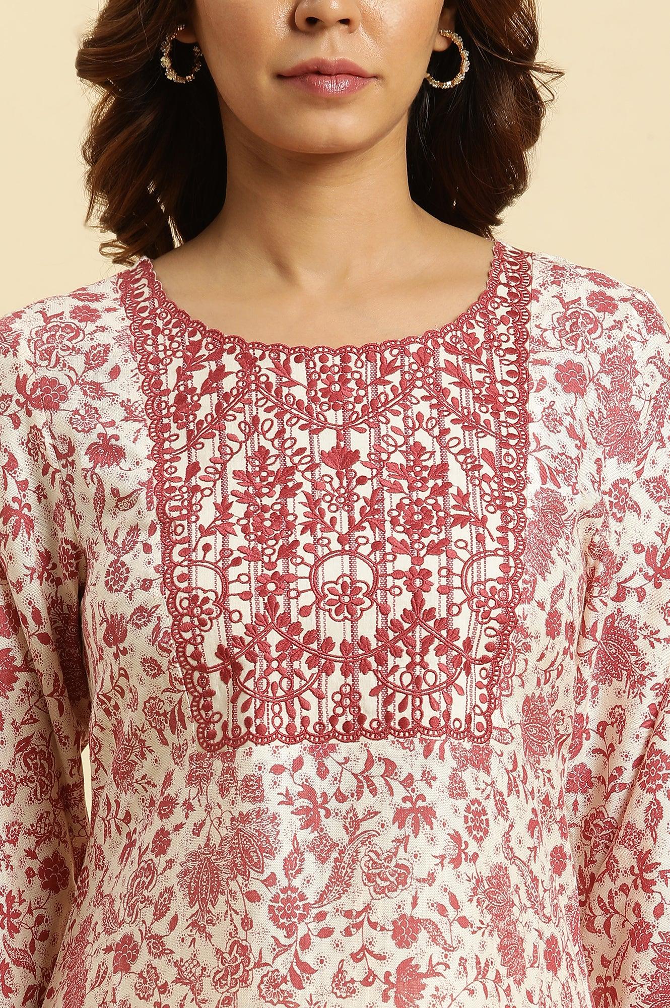 Beige And Red Floral Printed Summer Kurta - wforwoman