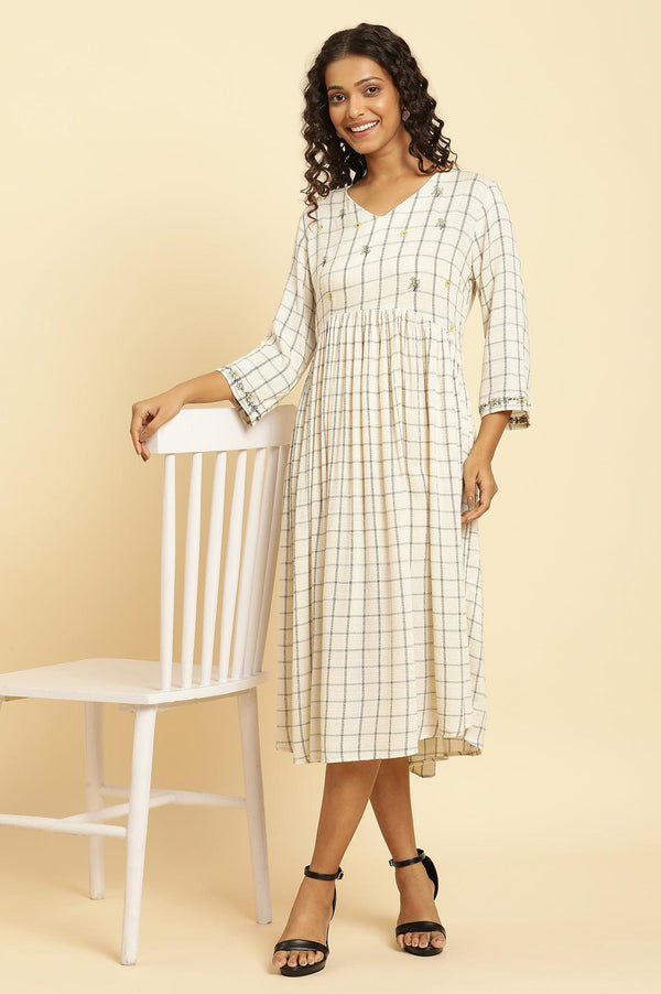 Ecru Checker Thread Embroidered Dress
