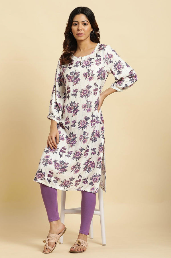 Ecru Relaxed Fit Floral Printed Straight Kurta