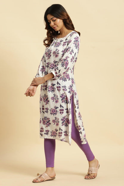 Ecru Relaxed Fit Straight Kurta With Purple Floral Print - wforwoman