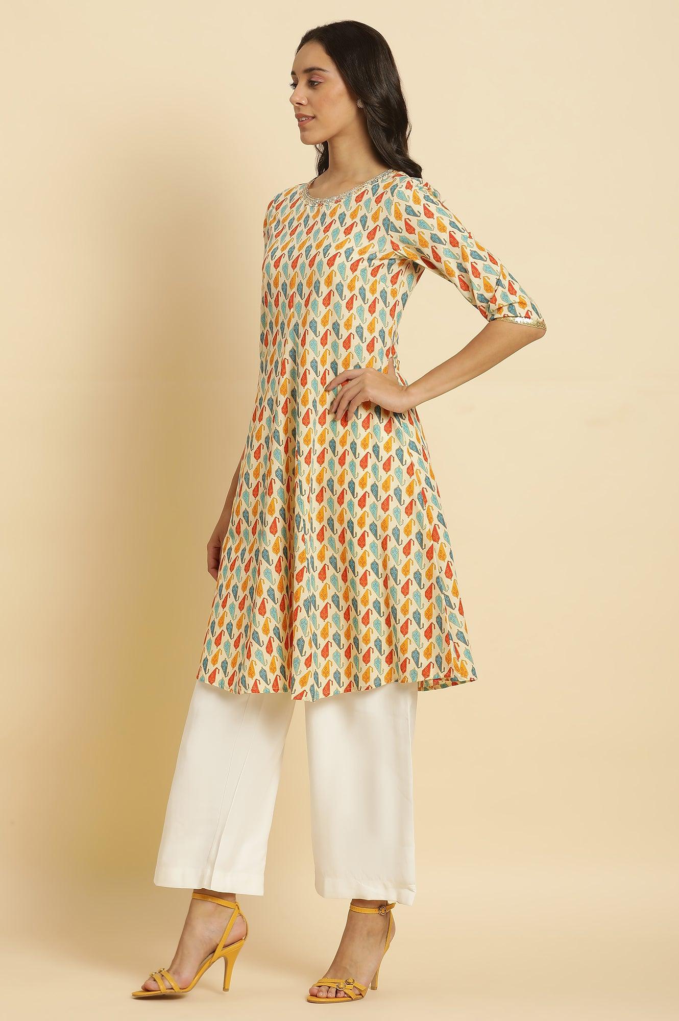 Ecru Flared Kurta In Multi-Coloured Print - wforwoman