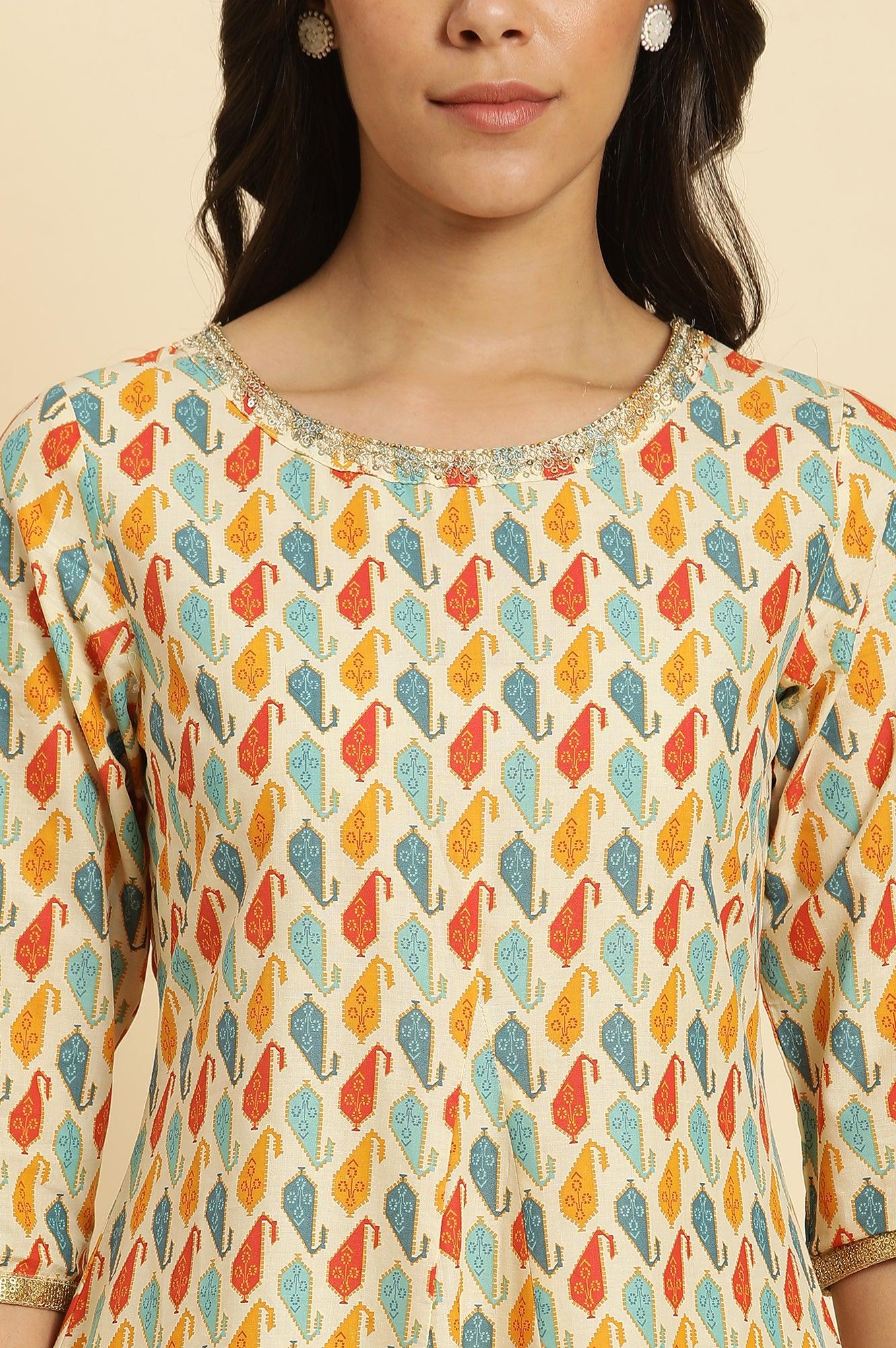 Ecru Flared Kurta In Multi-Coloured Print - wforwoman