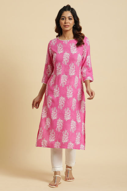 Pink Floral Straight Rayon Kurta